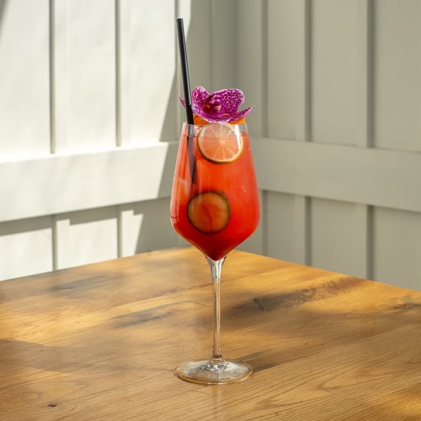 A vibrant red cocktail in a stemmed glass, garnished with lime, cucumber, and a purple orchid.