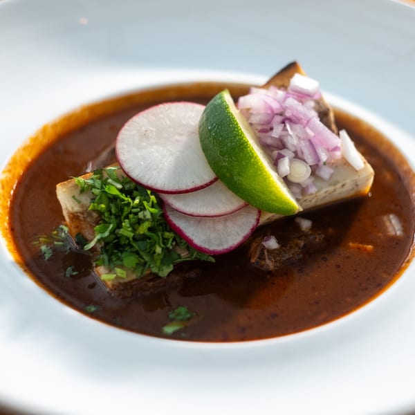 Mexican dish with bone marrow, radishes, lime, chopped red onion, and cilantro in a rich brown sauce.