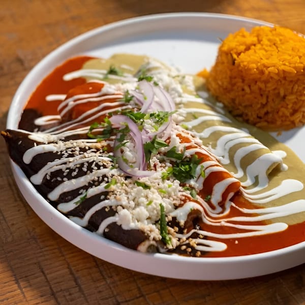 Mi Cava & Cocina's enchiladas with red, green, and mole sauces, topped with cheese, onions, and rice.